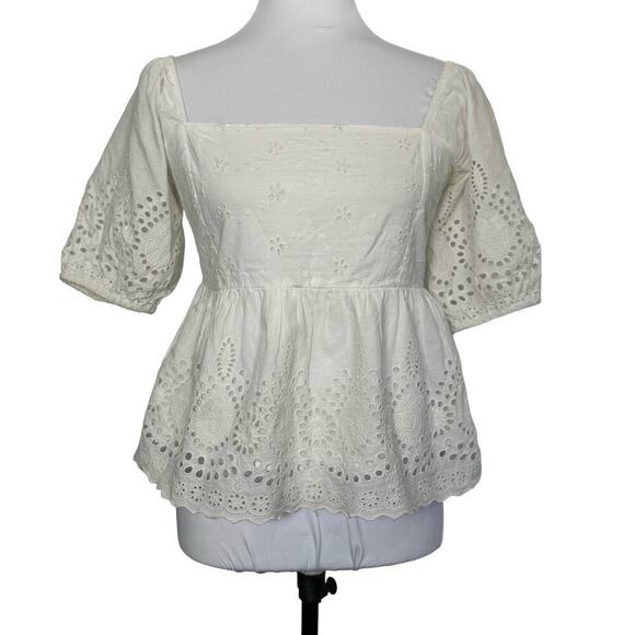 Walter‎ Baker Top Eyelet Blouse White Puff Sleeve Empire Waist Size S - Picture 1 of 10